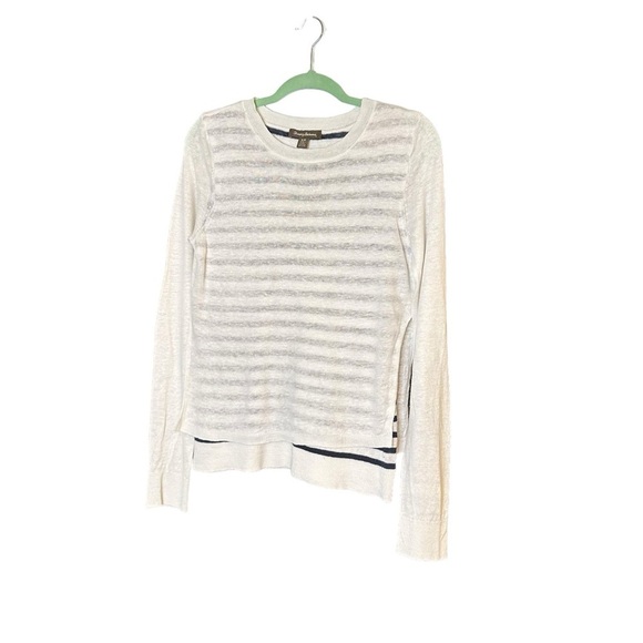 Tommy Bahama Tops - Tommy Bahama, Cream & Navy Blue, Double Layer, Linen, Long Sleeve Crewneck sz S
